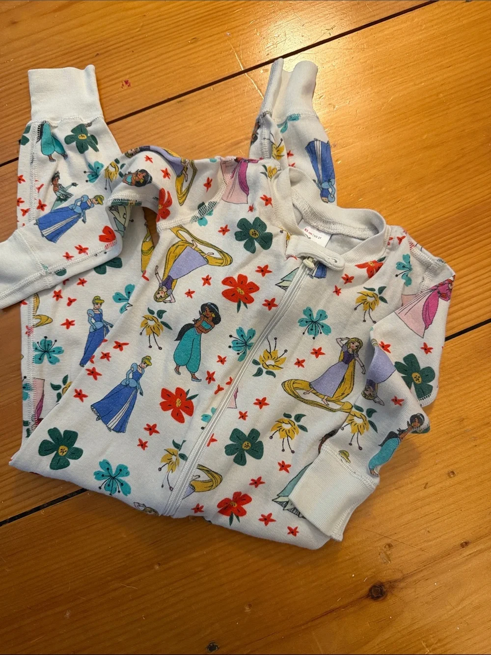 Hanna Andersson Light Blue Zip-Front Pajamas with Princess & Floral Print